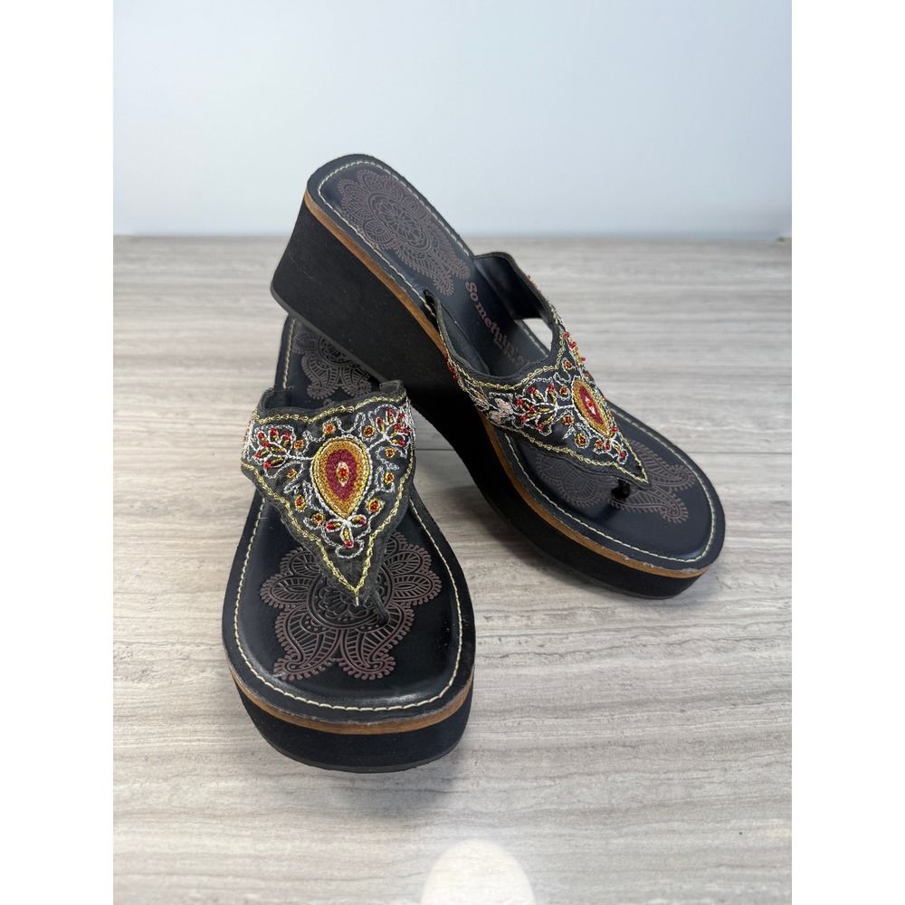 Skechers‎ Somethin Else Vintage Y2K Boho Embroidered Leather Wedge Sandals 8.5